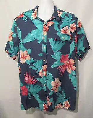 Mossimo Supply Co. Men’s Shirt 2xl Ss Blue - Pink Tropical Flowers 100% Cotton • $6.95