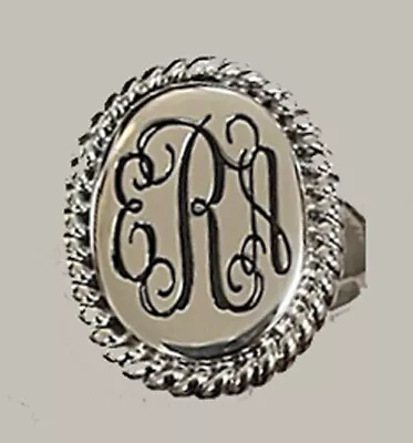 Silver Personalize Monogram Engravable Nautical Rope Edge Oval Shape Ring • $34.99