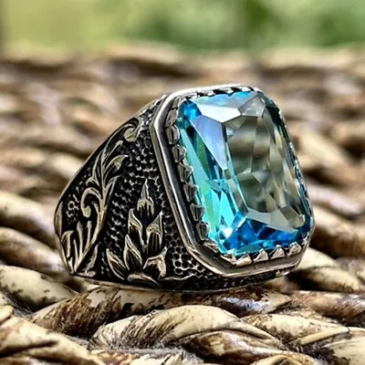 Solid 925 Sterling Silver Turkish Jewelry Blue Topaz Men's Ring All Size • £46.26