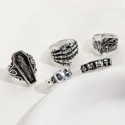 Men Women Gothic Skull Set 5-Piece Silver Color Metal Jewelry Collection • £3.84