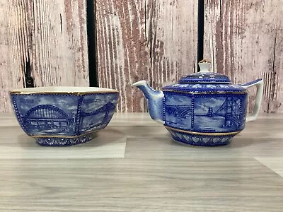 Ringtons By Wade Ceramics Tea Pot And Bowl Blue & White UK Bridges Decorative • £14.88