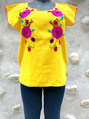 Petite Small Floral Hand Made Embroidery Yellow Cotton Peasant Woman Tunic Top • $30