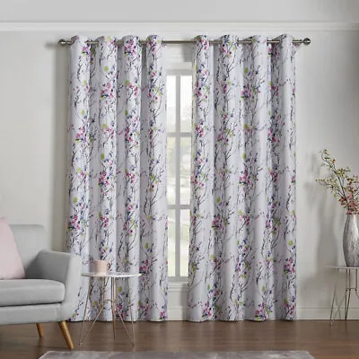 Sakura Blossom Floral Thermal Blockout Eyelet Ring Top Curtains Pair • £39.99