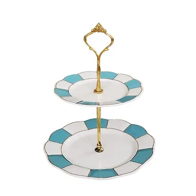 Grace's Teaware 2 Tiered Porcelain Dessert Serving Tray Blue White Gold 8  & 6  • $43.20