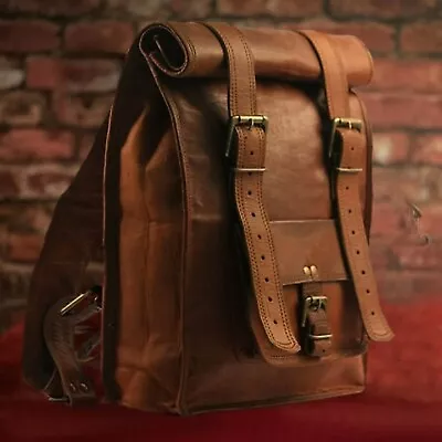 $39.99 • Buy Genuine Leather Backpack For Men Vintage Laptop Bag Multi Pockets Rucksack Brown