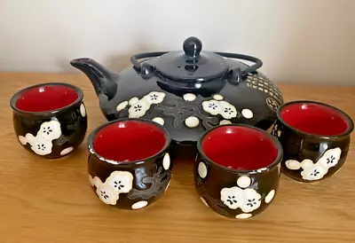 Green Tea Black Teapot And Cup Set For 4 With Red Inside And Ivory Floral Design • £4