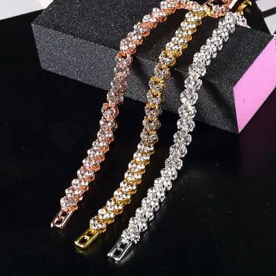 £3.99 • Buy Sparkling Sterling Silver Plated Diamond Cut Tennis Gold Chain Bracelet Bangles