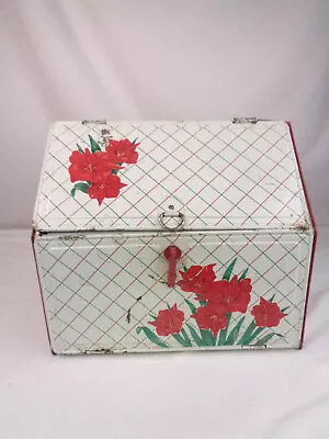 Vintage 1950's Tin Litho Red Floral Lily 2 Section Pe Bread Box - Vented • $54.99