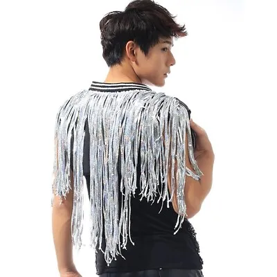 Men Women Sequin Long Tassel Vest Waistcoat Tank Top Coat Dance Costume Clubwear • £35.81