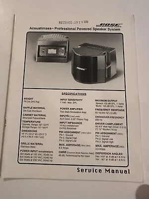 Bose Service Manual Acoustimass Professional Powered Speaker System • $24.95