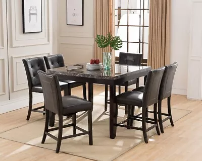 7-Piece Dining Room Set Brown Faux Marble Top Table Upholstered Counter Chairs • $1374