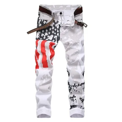 Mens Jeans American USA Flag Printed Pants Washed Jeans White Pants Regular Fit • $19.99