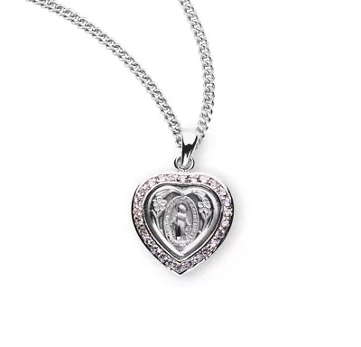 Sterling Silver Pink Cubic Zirconia Heart Shape Miraculous Medal Necklace 18 In • $56.88