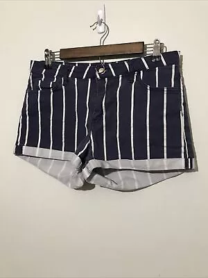 HM Shorts Womens 10 Blue Cuffed Stripe Stretch Chino Flat Front Pocket • $9.99