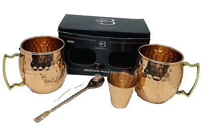 Two Moscow Mule Copper Mugs With Matching Shot Glass Stir Spoon Gift Set NIB • $16.99