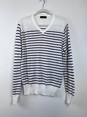 Zara Sweater Mens Medium V-Neck Striped White Cotton Casual Knit Pullover • $13.97