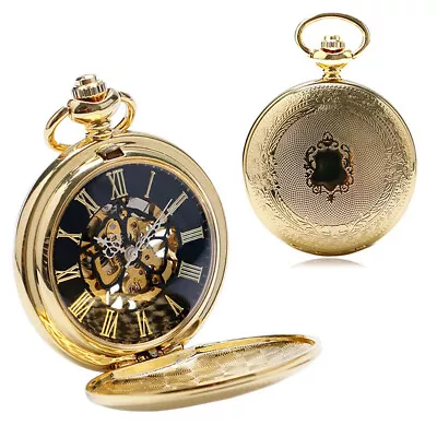 Mens Mechanical Pocket Watch Vintage With Fob Chain Gold Case Hand Winding Watch • $14.98