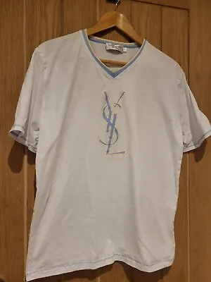 YSL Large Logo Mens Tshirt - L White - Cream Blue VGC • £29.99