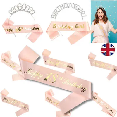 Happy Birthday Silver Tiara Headband Rose Gold Sash 40/50/60th Girls Crown Gift • £4.79