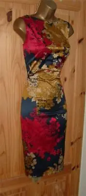 Navy Red Gold Satin Pencil Wiggle Galaxy Cocktail Evening Party Dress Size 14 • £24