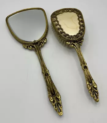 Ornate Gold Brass Vanity Mirror And Hair Brush Set Gilded Details • $19.95