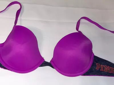 Victoria’s Secret PINK 34A Wear Everywhere Demi Bra Purple Logo Women's • $12.99