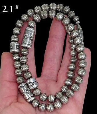 Navajo STERLING Bench Bead NECKLACE Pearl Stamped CYLINDER Oxidized Vintage 21  • $66