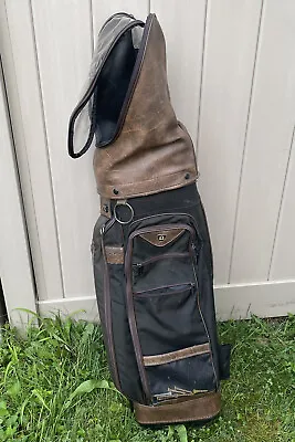 Vtg Mizuno Omega UC Leather Black Multi Pocket 6 Way Golf Bag With Rain Cover • $125