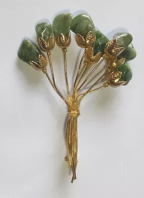 Vintage Gold Flower Bouquet Brooch W/ Real Polilshed Jade Stone Pieces • $17.95