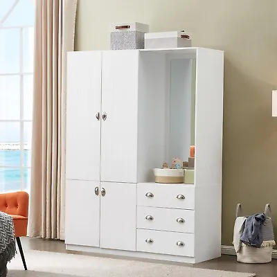 Wooden Armoire Wardrobe With Mirror & 3 Drawers White Bedroom Closet Cabinet • $419.99