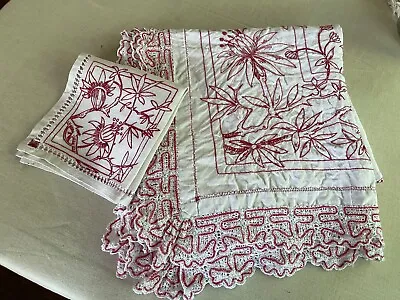 £87.90 • Buy FRENCH GERMAN RED WORK 5= 13  NAPKINS & 48  Sq. TABLECLOTH LINEN Antique Vintage