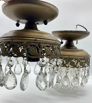 TWO Vintage Antique Brass Gold Crystal Pendant Ceiling Light Flush Mount Fixture • $125