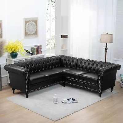 L-shaped Leather Upholstered Chesterfield Sofa Couch    With Wooden Legs • $1143.46