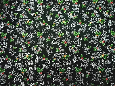 Christmas Fabric By Half-Yard Holly Berries Metallic Silver On Black Cotton #36 • $4.46