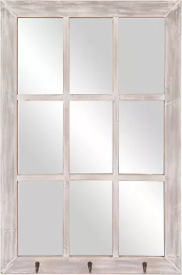 24X36 Distressed White Windowpane Wall Mirror With Hooks • $106.99