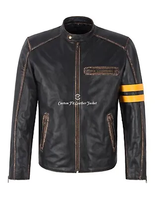Men's Cafe Racer Biker Vintage Leather Jacket Thick Cowhide Riding Style Jacket • $149.40