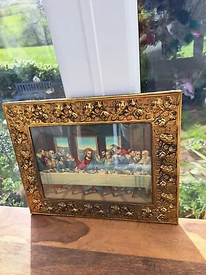 Vintage Jesus And The Last Supper Lithograph In Brass Ornate Frame Wood Back • £49.99