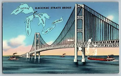 Mackinaw Michigan - Mackinac Straits Bridge - Vintage Postcard - Unposted • $3.99