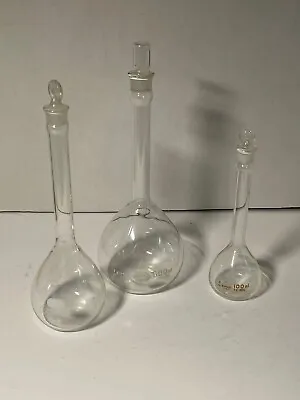 Vintage Lab Glass Bottles Pyrex Chemical Volumetric Flasks Trio W Glass Stoppers • $175