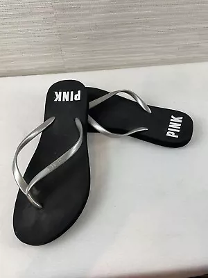 Victoria Secret Pink Logo Flip Flops Women’s 9-10 Black Silver Beach Ware • $15