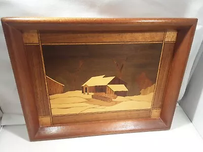 Vntg  Wood Marquetry Tray  Old Shack/Cabin  In Woods 11.5 X 8.5. X 1.25  • $30