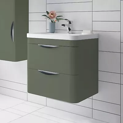 Nuie Parade Wall Hung 2-Drawer Vanity Unit & Polymarble Basin Satin Green Modern • £309.95