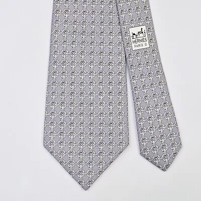 HERMES TIE 59 EA Chaine D'ancre Chain Link On Gray Silk Necktie *MINT* • $139.99