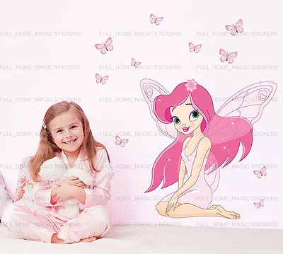 Pink Butterfly Fairy Wall Stickers Girls Room Art Decal Kids Decor Mural Paper • £6.99