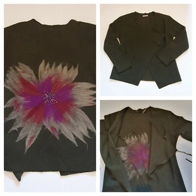 £11.99 • Buy 100% Wool Cardigan Large Paraphrase Green  Top Floral Back   Wrap Over Style