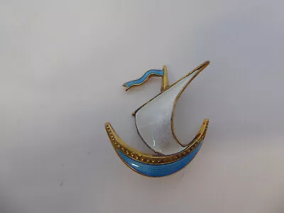 Vintage Norway Gold Vermeil Sterling Blue White Enamel Viking Ship Boat Pin • $29.99