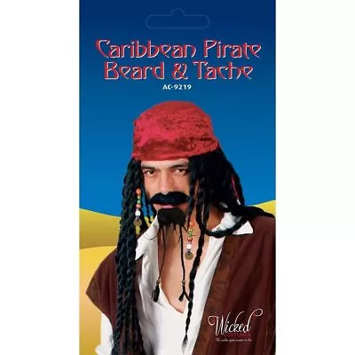 Mens Caribbean Pirate Tash And Beard Beads Fake Tache Jack Sparrow Fancy Dress • £4.85