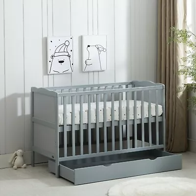 Grey Wooden Baby Cot Bed & Drawer & Aloe Vera Mattress (Orlando Drawer) • £149.99