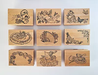 £9.89 • Buy 9 Botanical Victorian Wooden Stamps Pretty Floral Dove Butterfly Garden 7.5x5cm