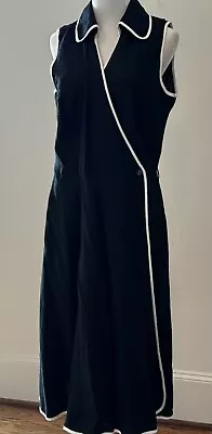 Vtg JM Collection Black Linen White Trim True Wrap Dress Size 10 Retro • $14.99